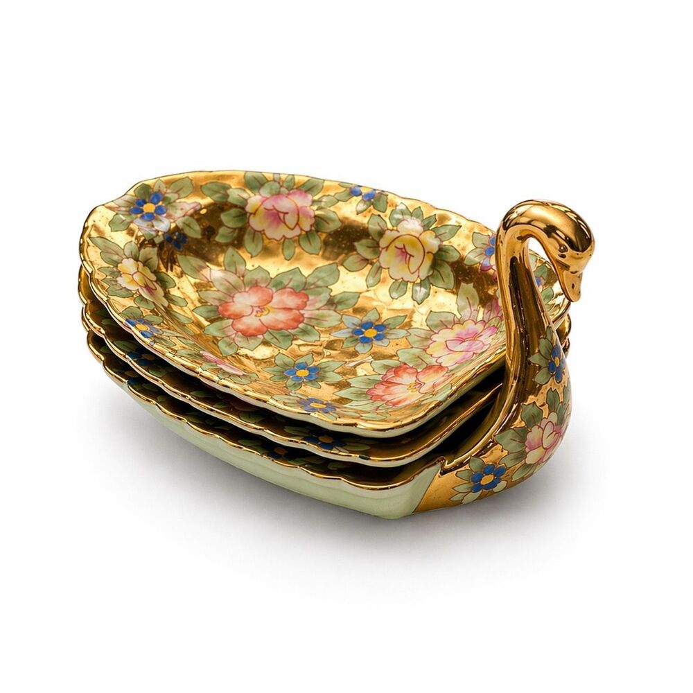 Ardalt Lenwile China Swan Trinket Dish Set Gold Gilt Floral 6475B Japan Vintage